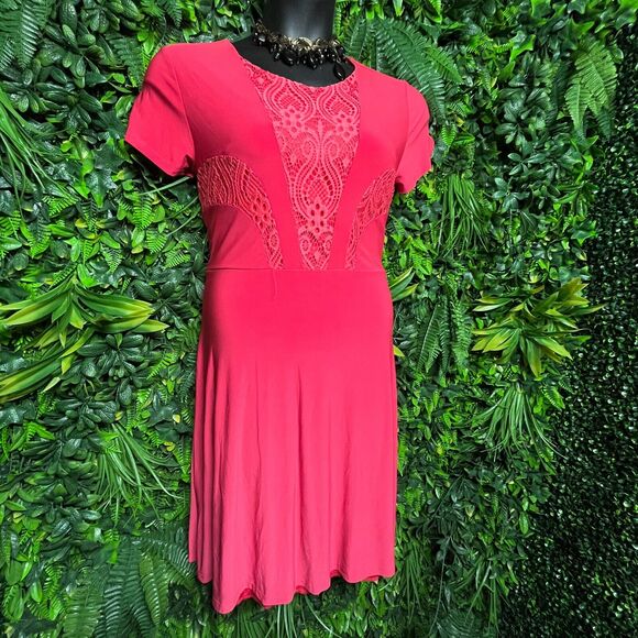 NINA PIU Dress Women Large Coral Pink Lace Fit Flare Skater Stretch 1297 - Picture 3 of 8